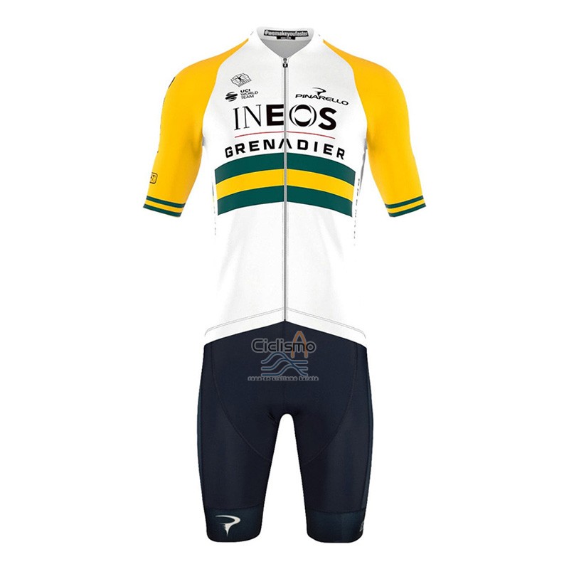 Ineos Grenadiers Ropa Ciclismo Culotte Corto 2023 Mangas Cortas Blanco AMarillo